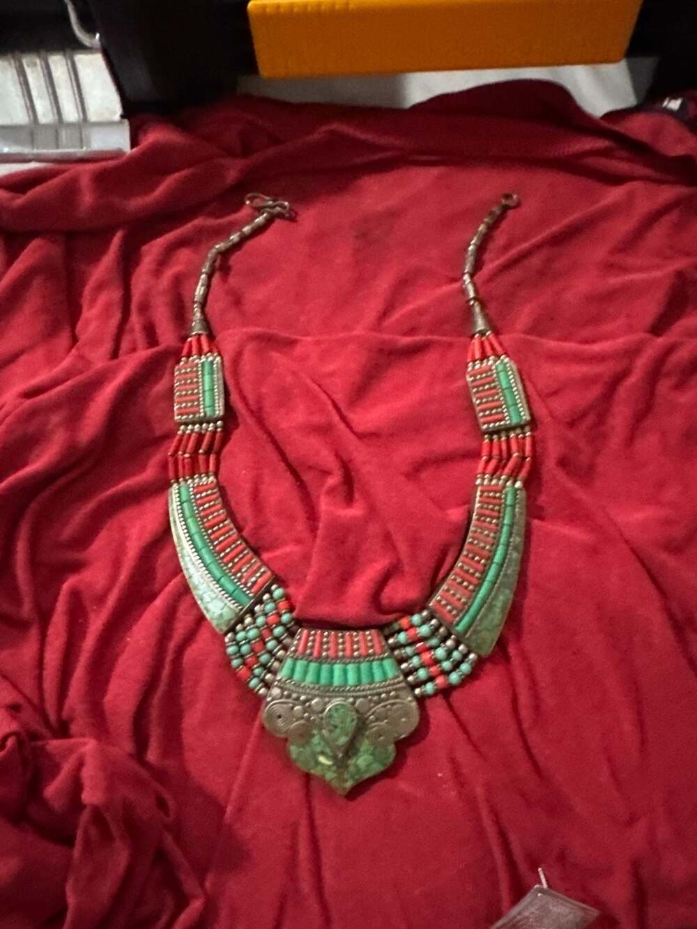 Vintage Tibetan Nepalese Tribal Necklace with Turquoise and Coral Inlay